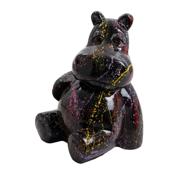 Statue Hippopotame Animaux Resine - 15cm - Graffiti Noir - ANIMAUX-RESINE.FR