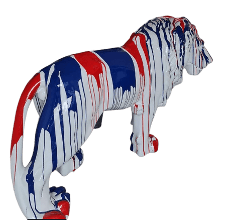 Statue Lion Animaux Resine - 190cm - Coulure Bleu et Rouge - ANIMAUX-RESINE.FR