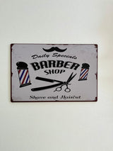 PLAQUE MÉTAL BARBER SHOP 30X20 CM - PLAQUE DECORATIVE - ANIMAUX-RESINE.FR