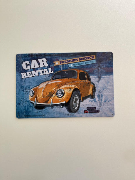 PLAQUE MÉTAL CAR RENTAL 30X20 CM - PLAQUE DECORATIVE - ANIMAUX-RESINE.FR