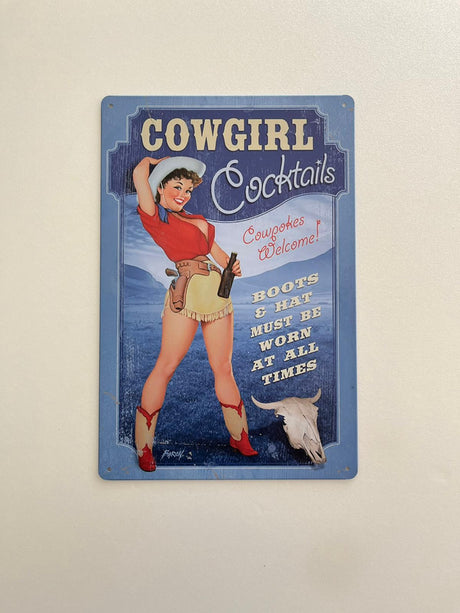 PLAQUE MÉTAL COWGIRL 30X20 CM - PLAQUE DECORATIVE - ANIMAUX-RESINE.FR