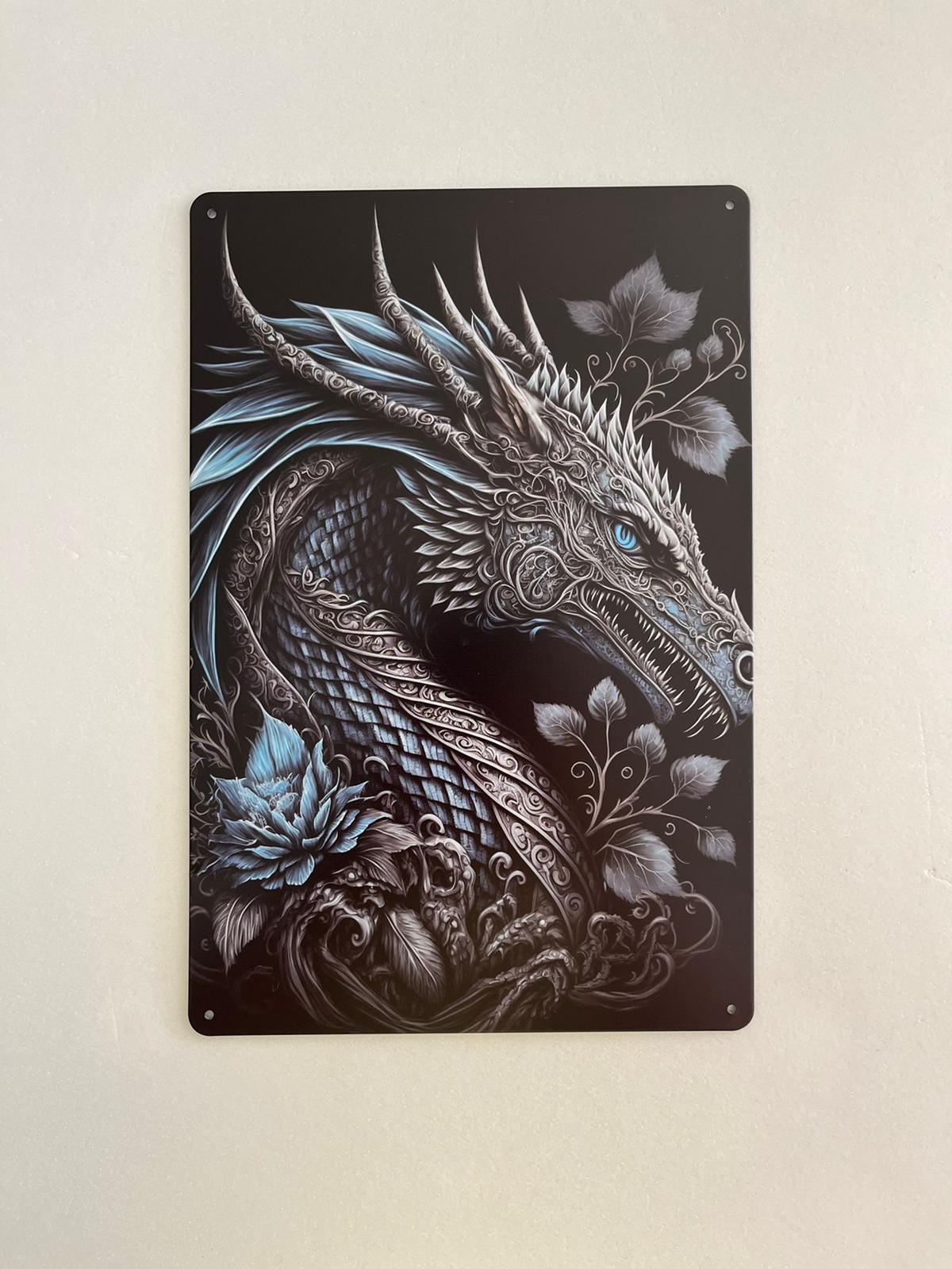 PLAQUE MÉTAL DRAGON 30X20 CM - PLAQUE DECORATIVE - ANIMAUX-RESINE.FR