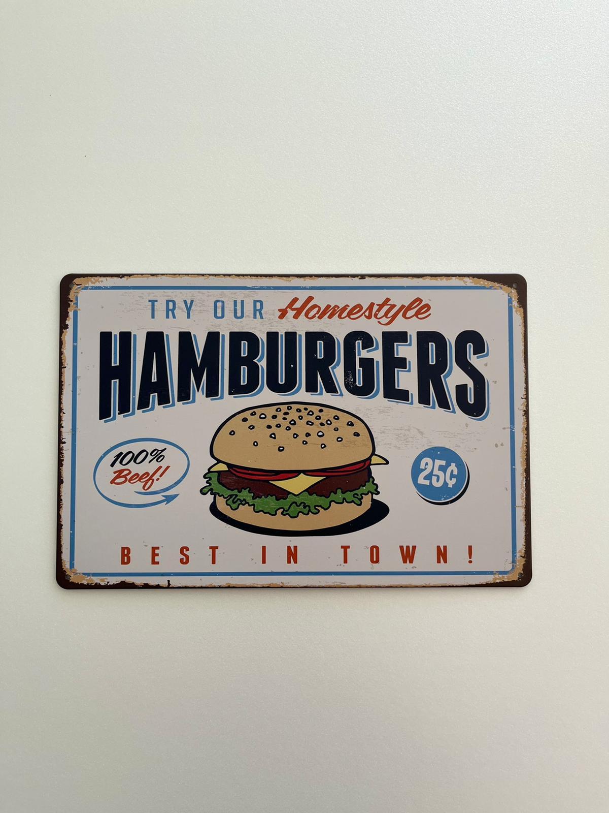 PLAQUE MÉTAL HAMBURGER 30X20 CM - PLAQUE DECORATIVE - ANIMAUX-RESINE.FR