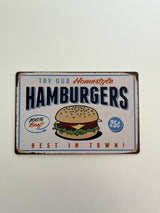 PLAQUE MÉTAL HAMBURGER 30X20 CM - PLAQUE DECORATIVE - ANIMAUX-RESINE.FR