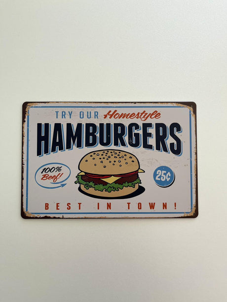 PLAQUE MÉTAL HAMBURGER 30X20 CM - PLAQUE DECORATIVE - ANIMAUX-RESINE.FR