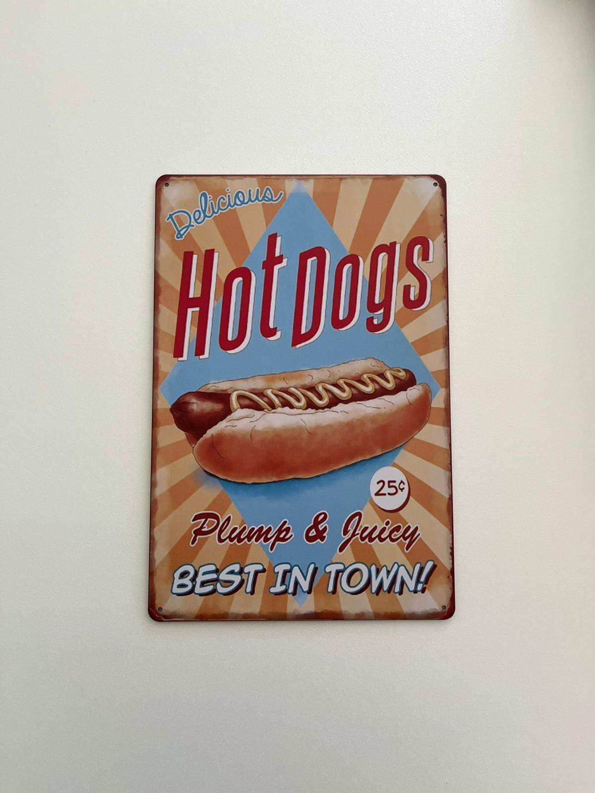 PLAQUE MÉTAL HOT DOG 30X20 CM - PLAQUE DECORATIVE - ANIMAUX-RESINE.FR