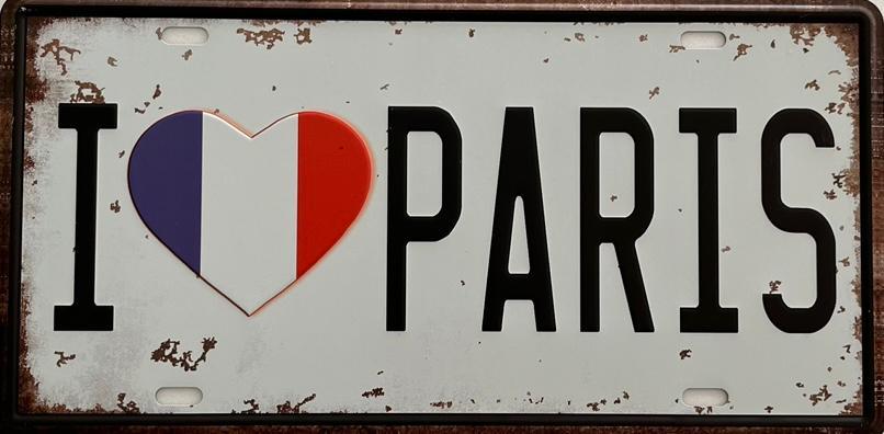 PLAQUE MÉTAL I LOVE PARIS 15x30 CM - PLAQUE DECORATIVE - ANIMAUX-RESINE.FR