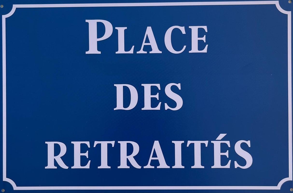 PLAQUE MÉTAL PLACE RETRAITEE 30X20 CM - PLAQUE DECORATIVE - ANIMAUX-RESINE.FR