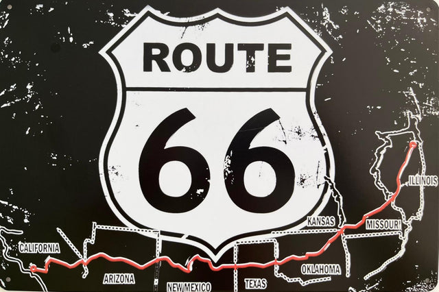 PLAQUE MÉTAL ROUTE 66 BLACK 30X20 CM - PLAQUE DECORATIVE - ANIMAUX-RESINE.FR