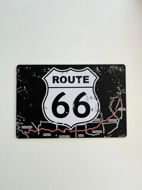 PLAQUE MÉTAL ROUTE 66 BLACK 30X20 CM - PLAQUE DECORATIVE - ANIMAUX-RESINE.FR